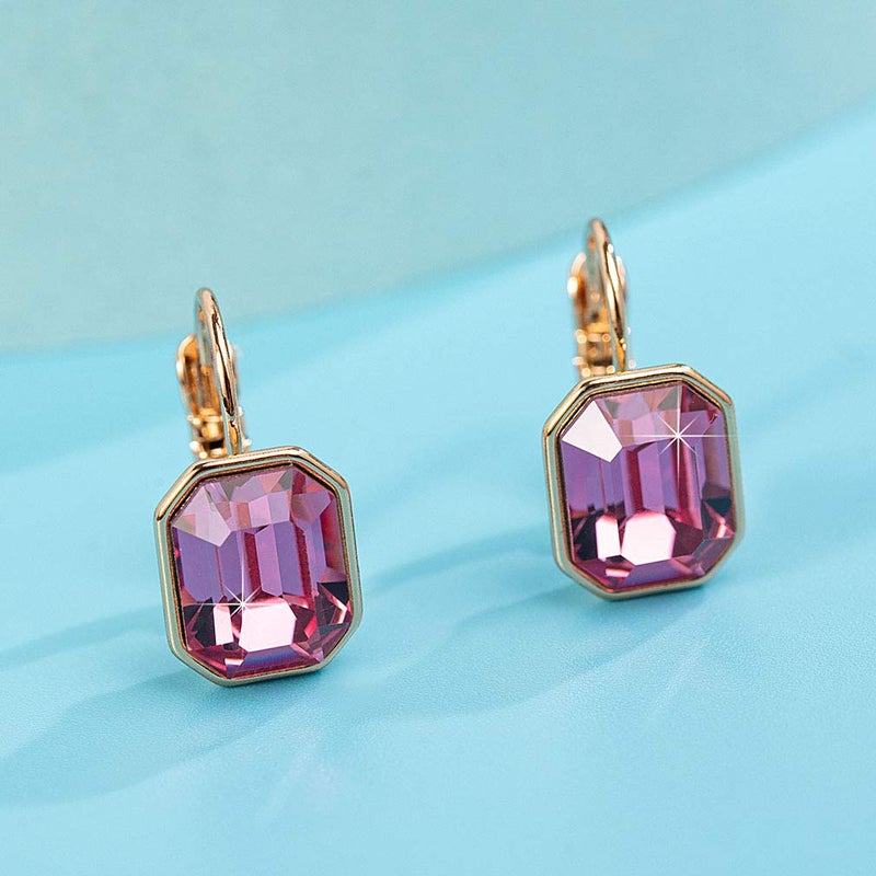 EVEVIC Austrian Crystal Octagon Leverback Drop Earrings for Women 14K Rose Gold Plated Hypoallergenic Jewelry (Rose Pink) - Image 5